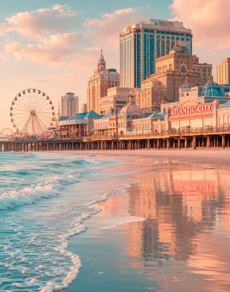 Atlantic City Boardwalk, Ferris wheel and casino skyline in warm daylight, viewed from the beach.