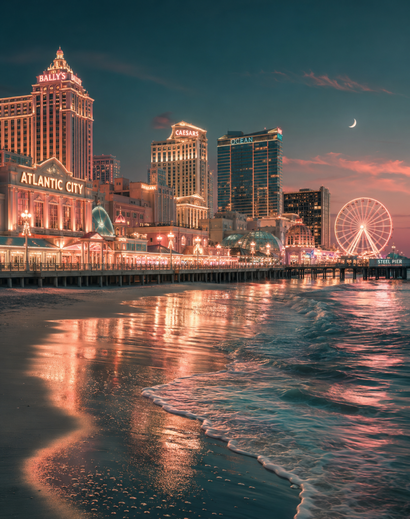 Atlantic City Boardwalk and casino skyline glowing at night beside the ocean, viewed from the beach.