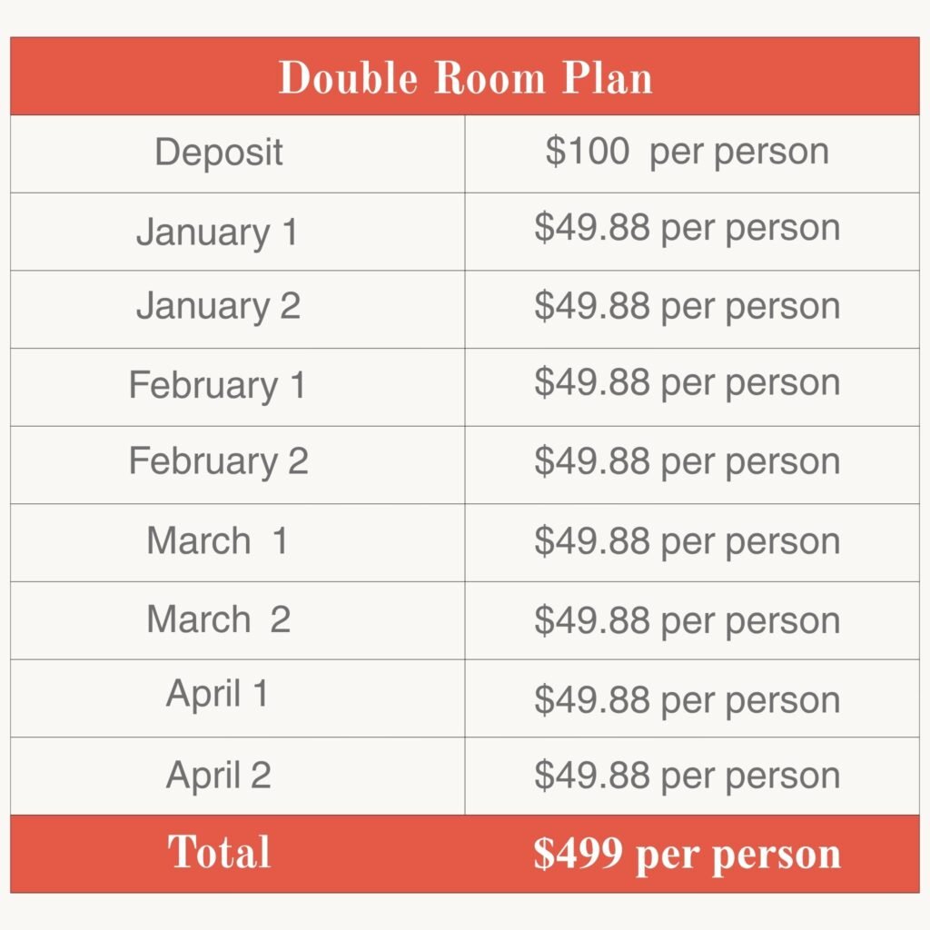 w.a.w.a rest wellness and reflection getaway bi weekly double room payment plan