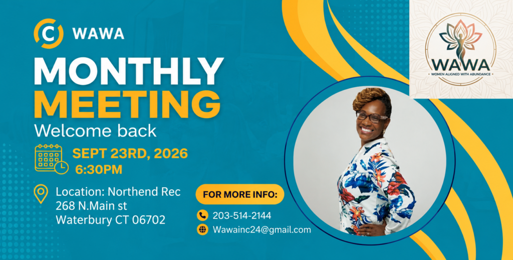 Promotional flyer for the Women Aligned With Abundance September 2026 Monthly Meeting featuring a smiling woman, WAWA branding, event date, time, location, and contact information.