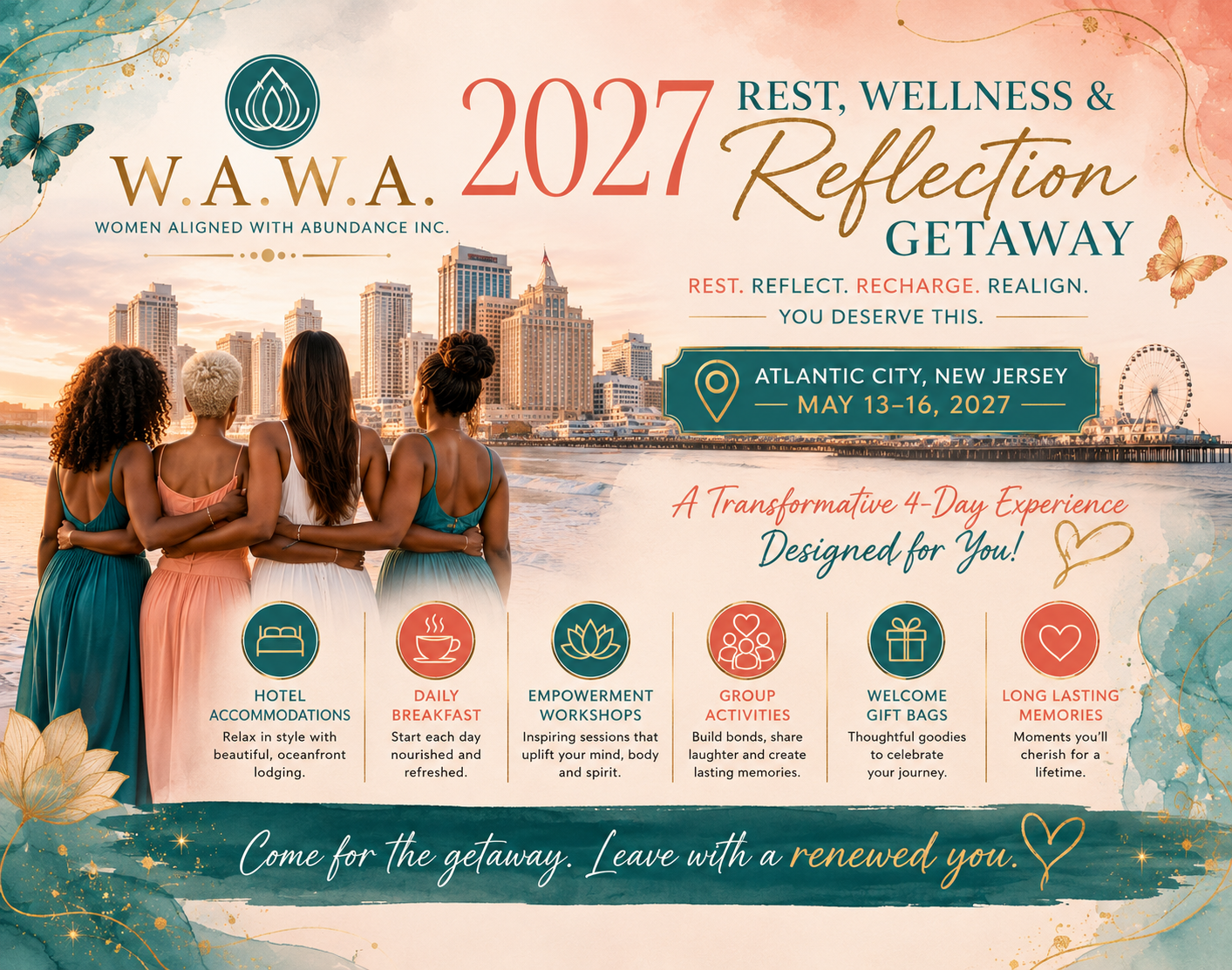 W.A.W.A. 2027 Rest, Wellness & Reflection Getaway flyer featuring four women overlooking the Atlantic City shoreline, with event dates May 13–16, 2027 and getaway highlights.